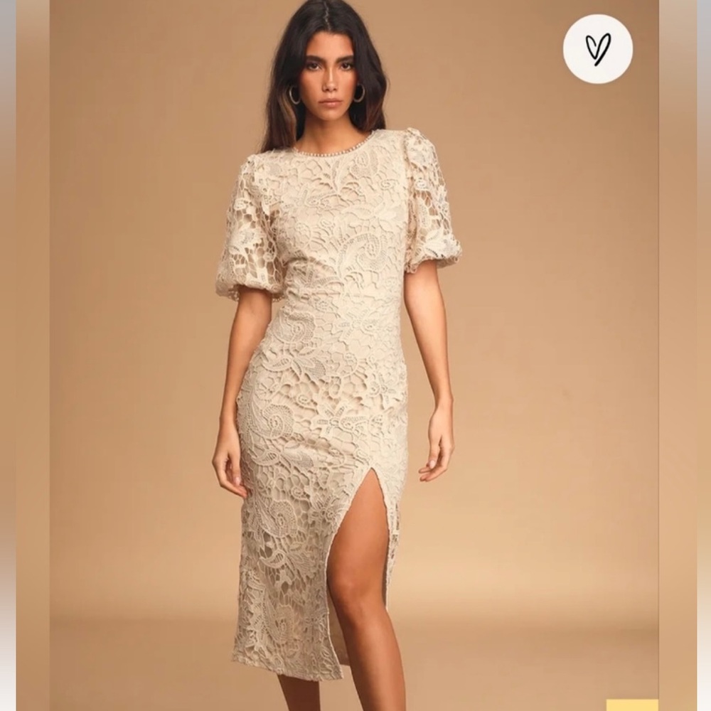 Lulus Candlelight Romance Cream Lace Puff Sleeve Midi Dress size xs